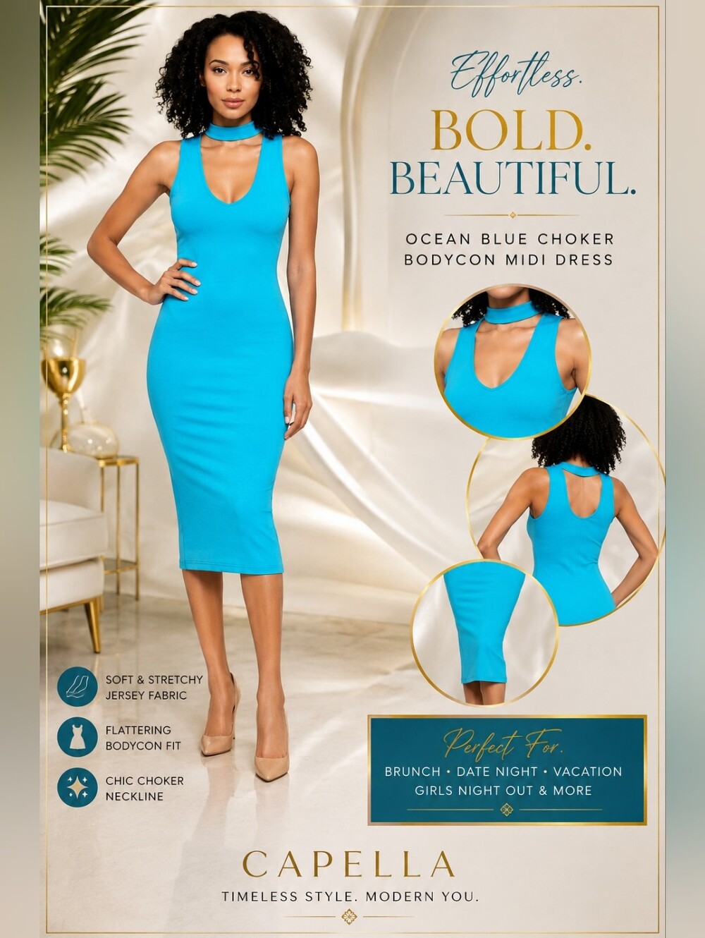 Capella Ocean Blue Sleeveless Choker Bodycon Midi Dress | Stretch Jersey